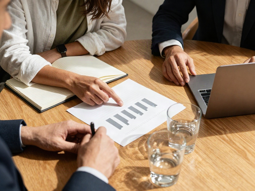 A collaborative business review with printed analytics and strategic planning notes